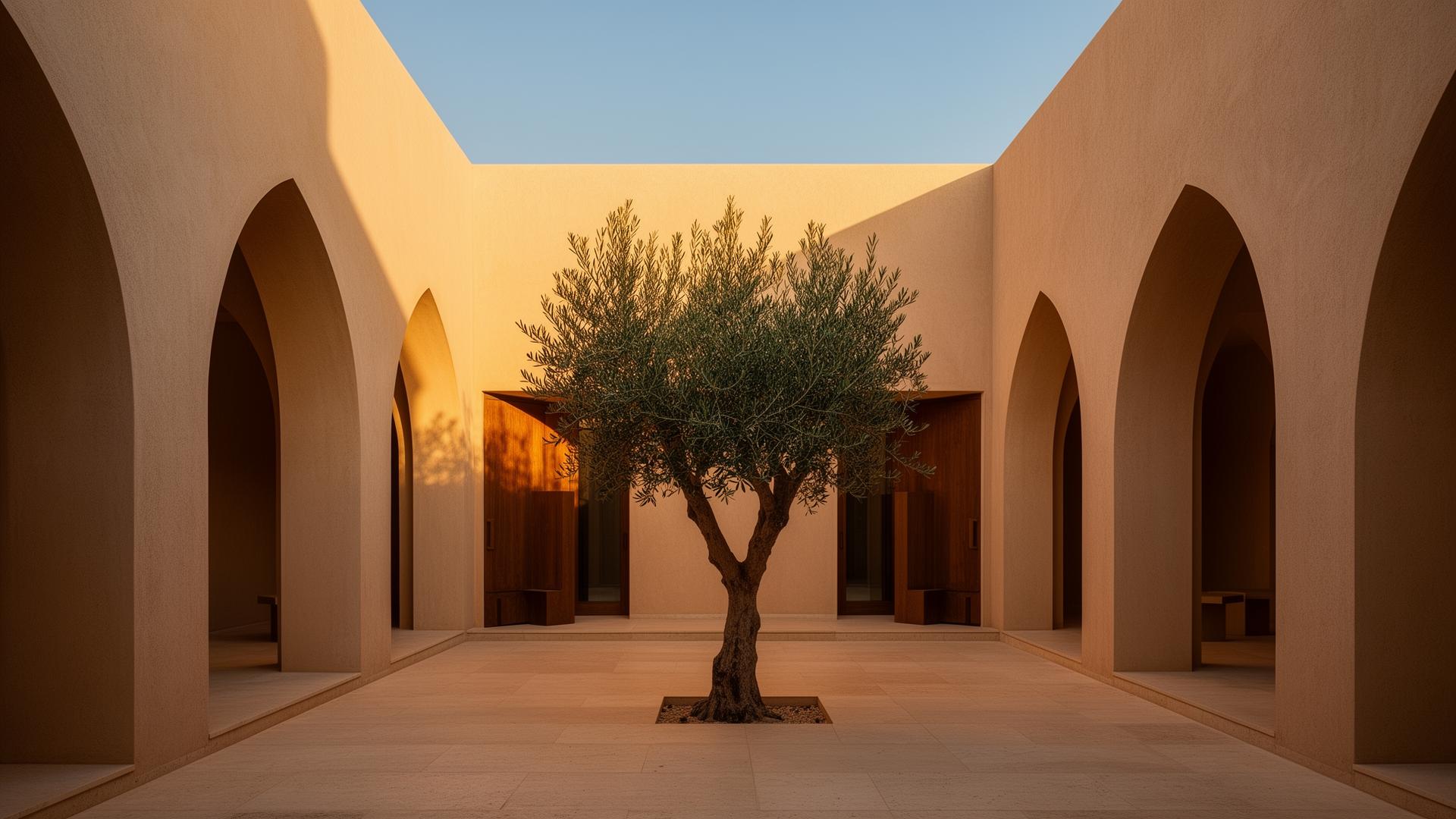 A sunlit modern Middle Eastern courtyard with a single olive tree