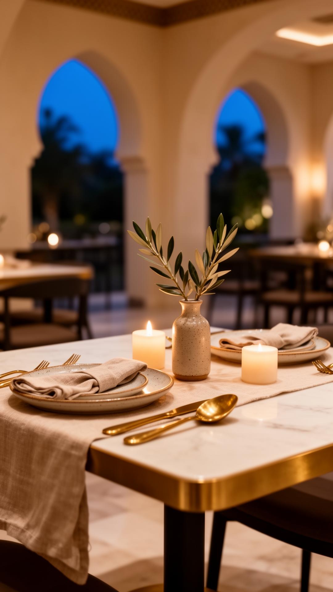 An elegant dinner table for two at dusk with candlelight and olive branches