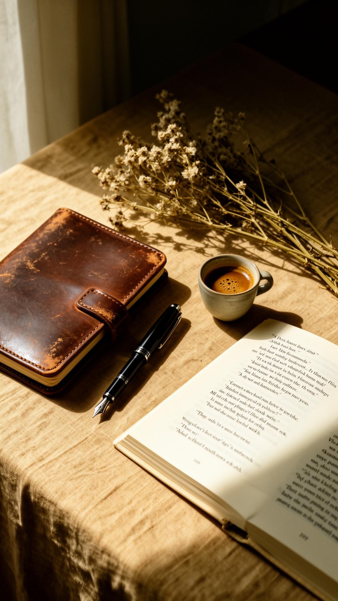 A worn leather notebook, fountain pen and Arabic coffee in directional light